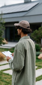Male assessor with clipboard surveying residential solar panels