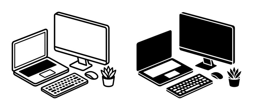 Isometric computer workstation silhouette icons set, solid black style, for office productivity technology concepts