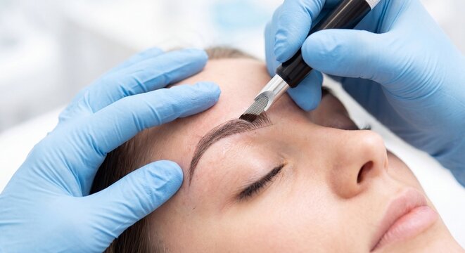 Close-Up Microblading Eyebrow Procedure with Technician Hands and Tool