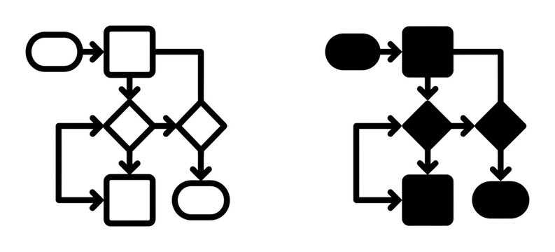 Process flowchart silhouette icons, showing steps, decisions, start, end points, solid black style, business workflow.