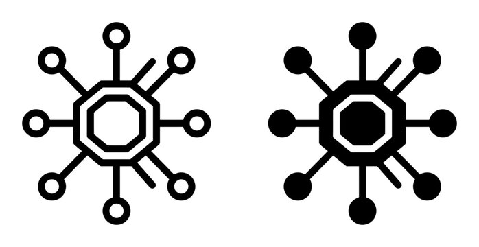 Decentralized network silhouette icons, solid black style, blockchain technology connection concept for digital assets