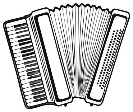 Vintage accordion musical instrument with black and white keys and bellows unfolded