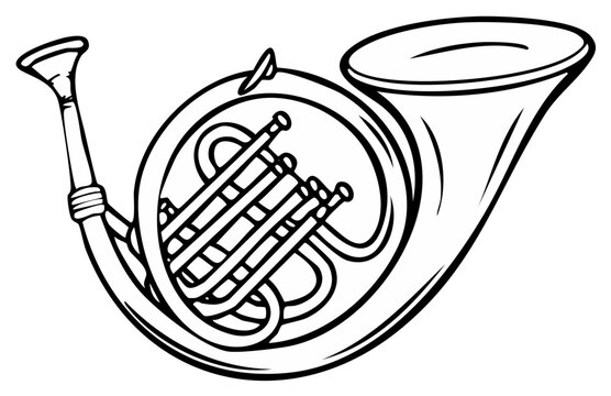 French horn line art illustration showing brass wind instrument construction with valves for sound modulation in black and white.