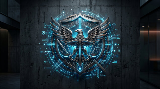 Digital emblem of law and justice eagle, scales, circuits. Symbolizing a judge's authority in an advanced legal system