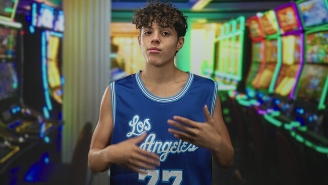 Boy in a los angeles basketball jersey gestures with both hands amid rows of slot machines inside an arcade building; confidence youth attitude.