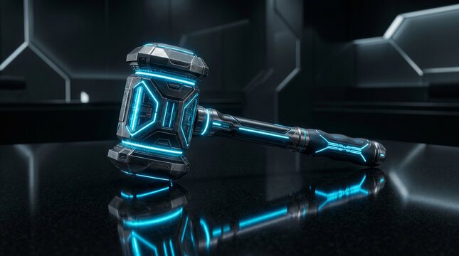 Cybernetic Gavel A futuristic digital hammer glowing with neon blue lights, symbolizing modern justice, the evolving landscape of law, and the impartial judge in a technological era
