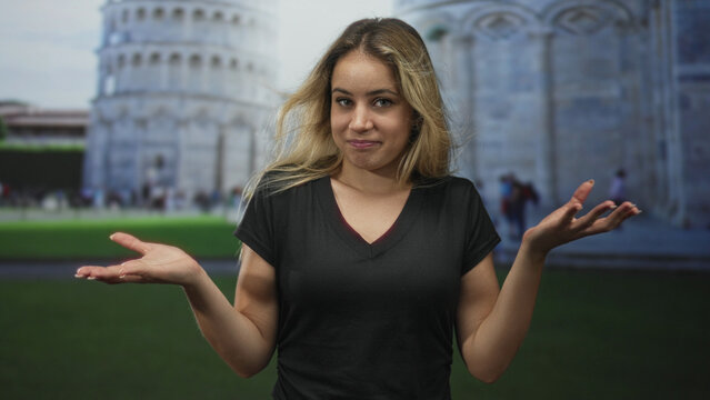 Woman shrugging with palms up in front of pisa tower building, casual black shirt and visible forearms, outdoor tourist scene; uncertainty travel curiosity.