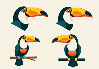 Naklejka premium A vector illustration of four colorful toucan birds perched on branches in various poses, showcasing their distinctive beaks and vibrant plumage.