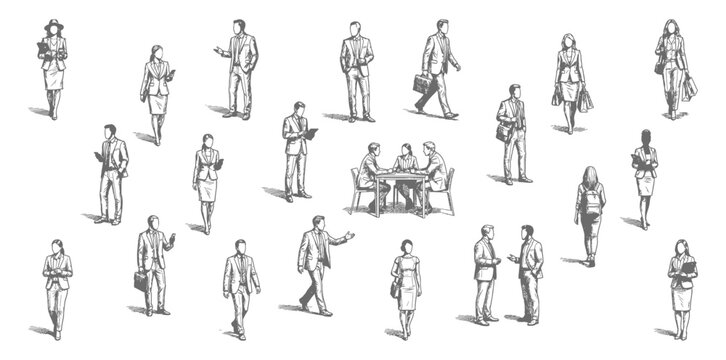 Business people sketch set with walking and sitting professional figures in suits | Hand drawn vector line art for architectural diagrams and maps