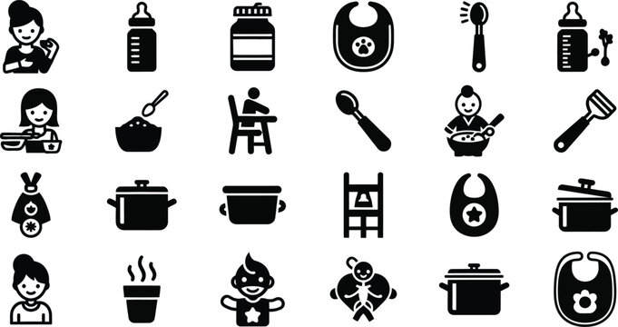 Baby food preparation icons set cooking feeding and infant care graphics