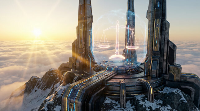 Digital judge, law, and justice Futuristic scales balance atop a mountain at dawn, symbolizing impartial legal frameworks for a new era