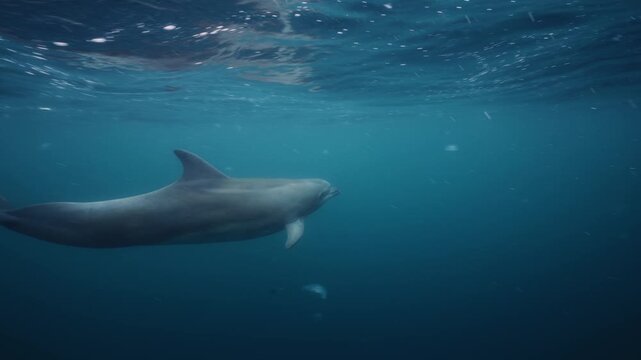 Underwater video. A dolphin in the Black Sea swims next to its neighbors and collects fish. High quality 4k footage