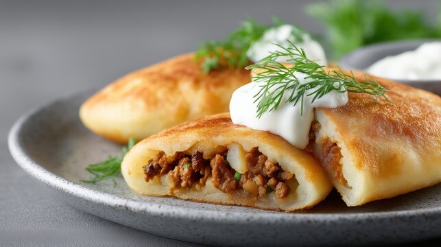 Stuffed potato pancake with minced meat and mushroom filling served with sour cream