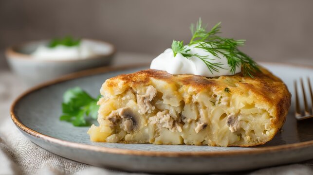 Stuffed potato pancake with minced meat and mushroom filling served with sour cream