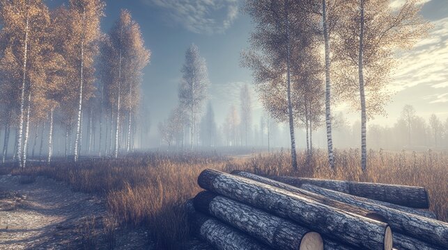 Misty Autumn Birch Forest: A Serene Sunrise Landscape