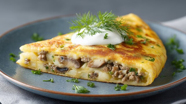 Stuffed potato pancake with minced meat and mushroom filling served with sour cream