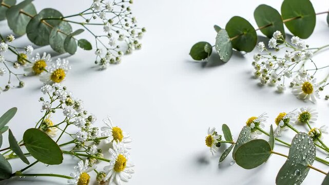 Flat Lay Botanical Frame with Chamomile Flowers Eucalyptus and Baby's Breath on White Background &mdash; Natural Herbal Floral Arrangement