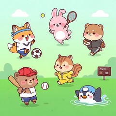 Fototapeta premium Cartoon animals playing sports together fun.