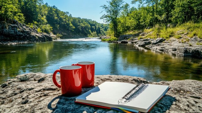 Serene Riverbank: Coffee, Notebook, and Tranquility