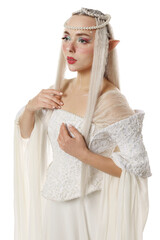 Fototapeta premium Beautiful girl dressed as elf on white background