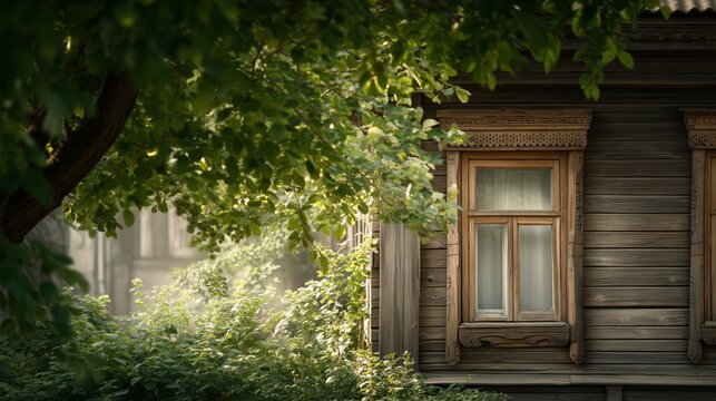 Old wooden house with carved window frames and apple trees in summer evening, Belarus