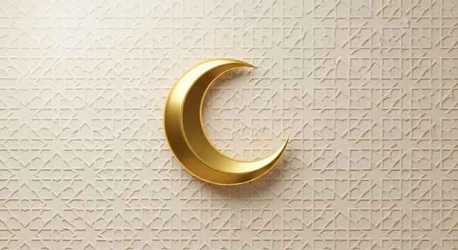 Minimalist gold crescent moon symbol centered on a beige textured background with intricate geometric islamic patterns crescent geometric polished