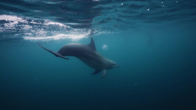Underwater video. A dolphin in the Black Sea swims next to its neighbors and collects fish. High quality 4k footage
