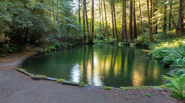 Serene Forest Pond: A Tranquil Reflection in Redwood Grove