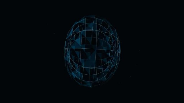 Abstract Blue Rotating Plexus Sphere with Wireframe Grid on Black Background - 3D Futuristic Data Network Concept