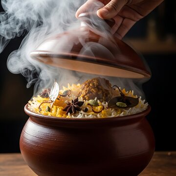 Steaming hot chicken biryani served in a traditional clay pot on a wooden table