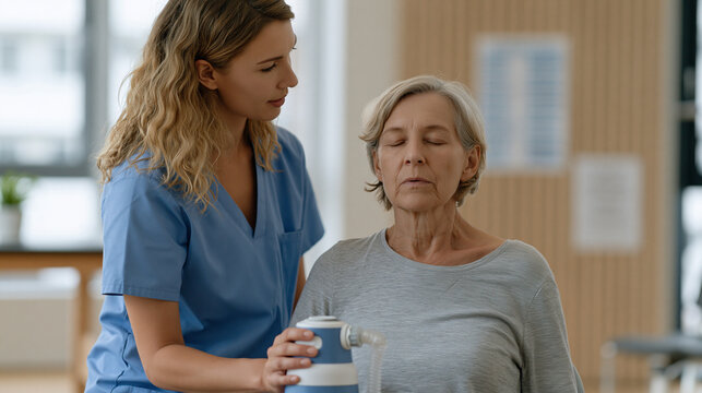 Recovery physiotherapist guiding post-covid female patient through breathing resistance exercises using spirometry device in bright rehabilitation gymnasium, progress measurement chart mounted on wa