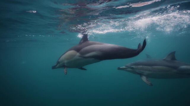 Underwater video. A dolphin in the Black Sea swims next to its neighbors and collects fish. High quality 4k footage