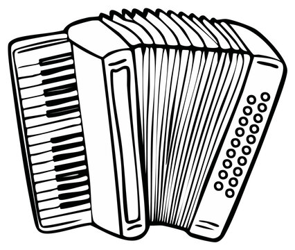 Illustration of a cartoon accordion with black and white outline.