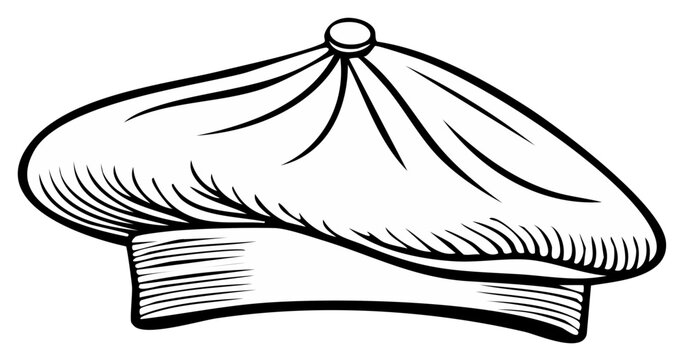 Classic beret hat illustration in a black and white vintage style