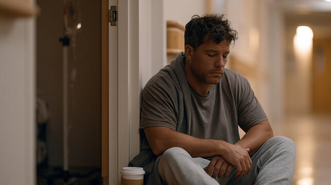 Exhausted father sits on hallway floor outside hospital pediatric ward at 2am, IV pole visible through doorway, untouched coffee beside him, head resting against wall, caregiver burnout, chronic ill