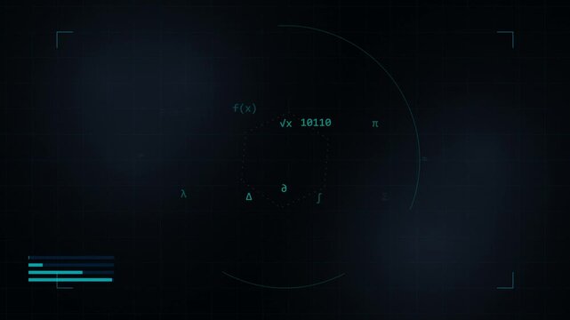 Futuristic HUD interface featuring mathematical formulas and scientific symbols on dark blue grid background