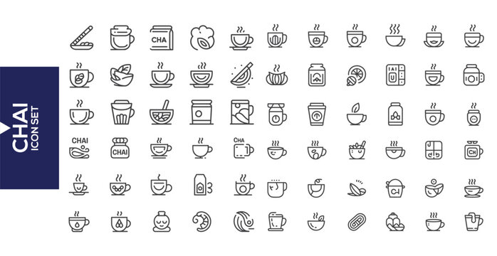 Chai Icon Set: A collection of various chai icons presented in a minimalistic line art style. Includes a variety of chai-related symbols.