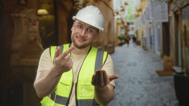 Man engineer in white hardhat and yellow high vis vest points finger and holds out palm on a cobblestone street; request help.