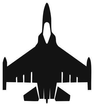 Silhouette of jet fighter with canards and air intakes flying overhead
