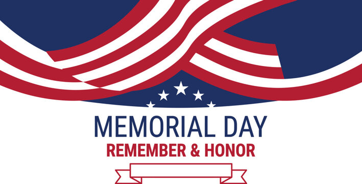 Memorial Day illustration showcases a curved flag motif above a blank ribbon placeholder for custom event text.