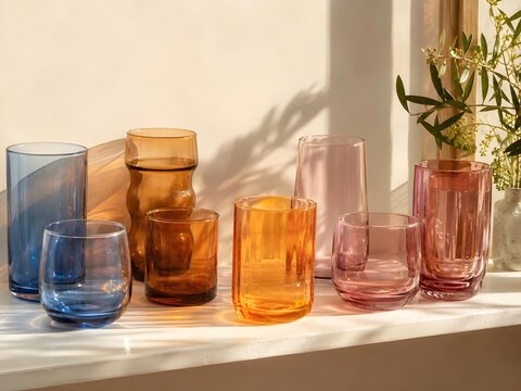 Decoraci&oacute;n con vasos y jarros de cristal de varios colores.