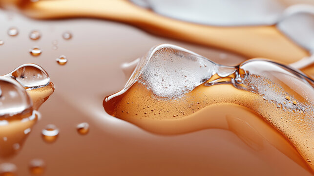 Melting ice cubes merging with a smooth amber liquid, creating refreshing condensation and intricate water droplets, symbolizing coolness, hydration, and an inviting beverage experience
