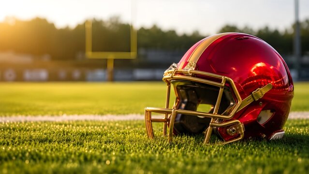 Casco de f&uacute;tbol americano sobre la hierba del campo.
