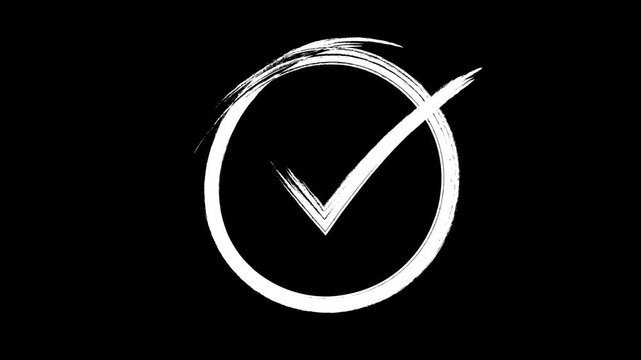 Hand drawn check mark animation, grunge brush circle with tick symbol on black background