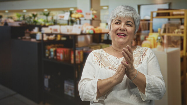 Woman clapping hands near shop shelves of packaged goods in a retail building while smiling and speaking energetically; celebration joy.