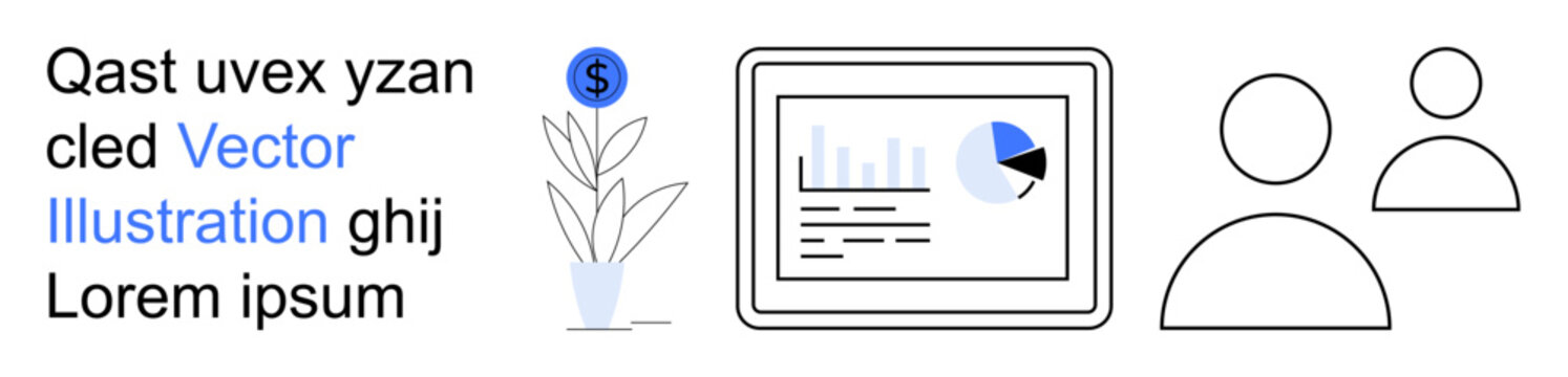 Business strategy, data analysis, team collaboration, financial success, economic growth, modern communication. Graphical dashboard with a chart, money growth symbol and user icons. Data analysis