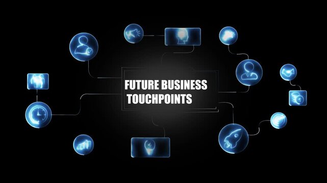 Future business touchpoints digital network infographic featuring glowing blue representing corporate strategy, global connectivity, innovation, and modern technological