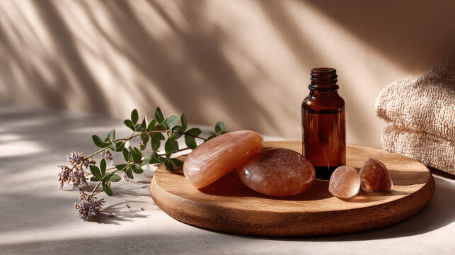 Wellness ritual essentials on wooden board featuring gua sha body tools, essential oil bottle, and fresh botanical accents under soft natural light