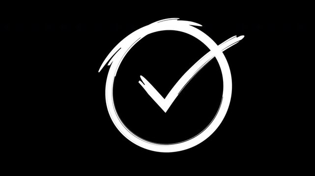 Hand-drawn check mark animation in circle, style tick symbol overlay on black doodle