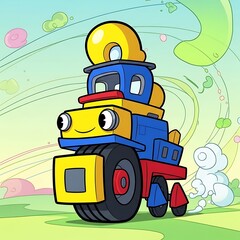 Naklejka premium Smiling cartoon vehicle in green landscape.